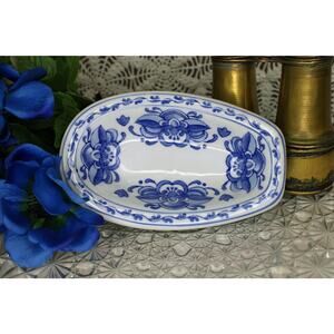 Blue Floral Bath Tub Shaped Ceramic Trinket Tray
